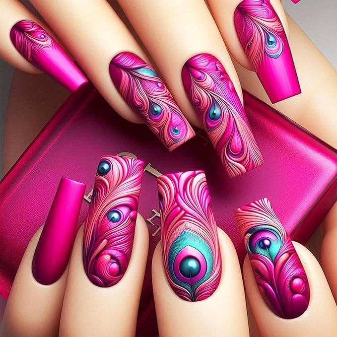 24Pcs Peacock Feather Press on Nails Rose Red Plume Stick on Nails Medium Coffin Acrylic Full Cover False Nails Glossy Blue Feather Eye Fake Nails Curve Line Gel Glue on Nails for Coquette Women Girls