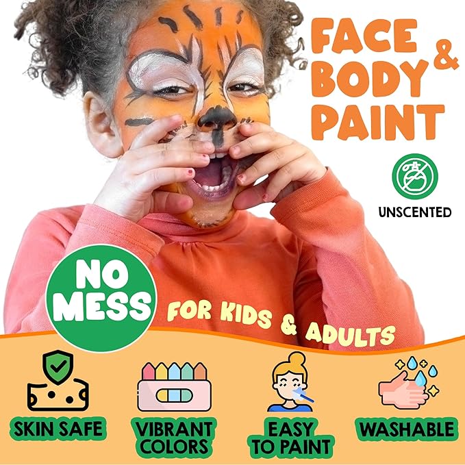 Jim&Gloria Face Paint Kit Bulk 32 Professional Face Painting Kit for Kids Party, Metallic, Neon, Classic Facepaint Crayons, Washable Body Paint Adults, Halloween Makeup, Boys Girls Gifts Crafts Toys