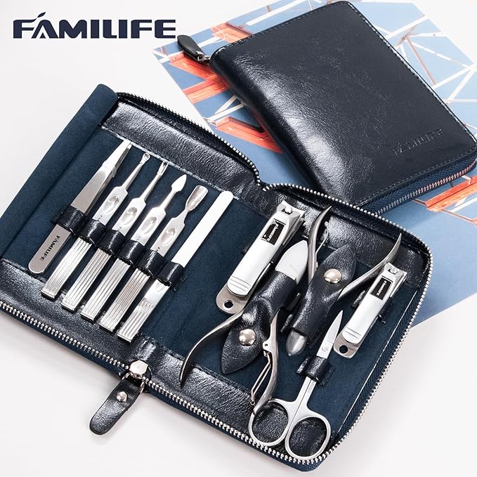 Manicure Kit, FAMILIFE Professional Manicure Set Nail Kit, 11 in 1 Stainless Steel Nail Clippers Set for Men Pedicure Kit, Men Grooming Kit with Portable Blue Leather Travel Case Luxury Gifts for Him