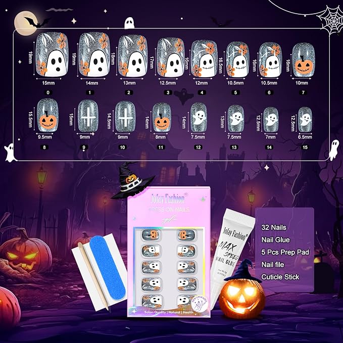 Halloween Press On Nails - Pumpkin Specter, Gray Cat Eye Halloween Nails, Acrylic Short Square Glue On Nails with Nail Glue, Fit Perfectly & Natural Stick On Nails in 16 Sizes - 32PCS Soft Gel Kit