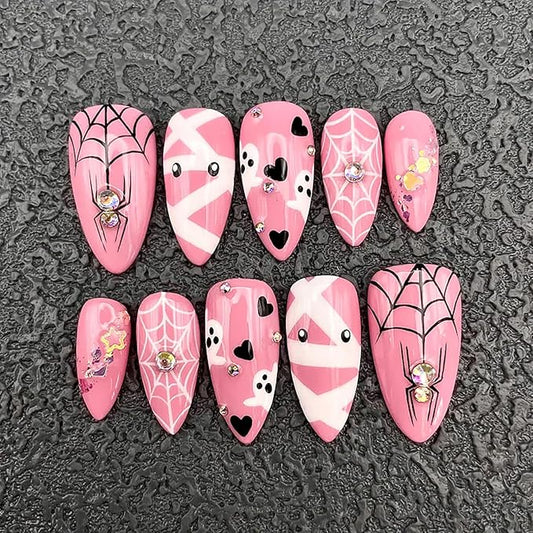30Pcs Halloween Press on Nails Medium Almond Fake Nails with Cute Ghost Spider Web Mummy Design Pink Glitter Rhinestones Stick on Nail Spider False Nails Full Cover Artificial Glue on Nails for Women