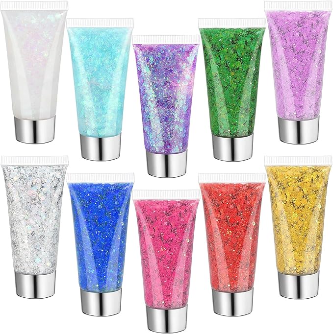 10 Colors Body Face Glitter Gel for Skin and Hair, Makeup Sparkles Rave Accessories for Festival Outfits, Mermaid Decorations, Disco Cowgirl, Mardi Gras