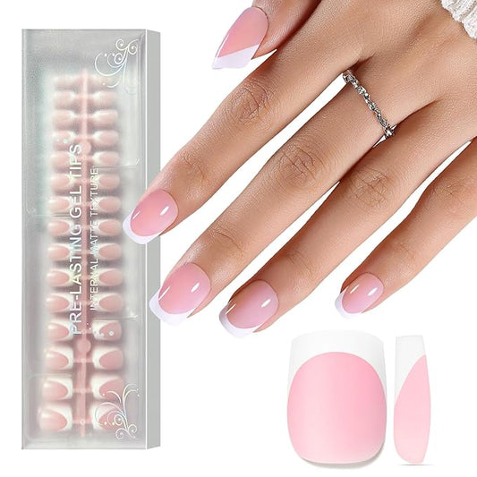 Pink French Gel Nail Tips, Jsiallye 150Pcs White French Tip Press on Nails,Short Square Pre-lasting Soft Gel Nail, No Need to File 4 in 1 Nail Tips,Soak off Acrylic Fake Nail Extensions 15 Sizes