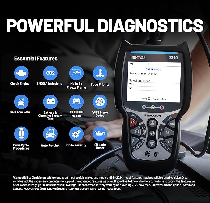 Innova 5210 OBD2 Scanner & Engine Code Reader, Battery Tester, Live Data, Oil Reset, Car Diagnostic Tool for Most Vehicles, Bluetooth Compatible with America's Top Car Repair App