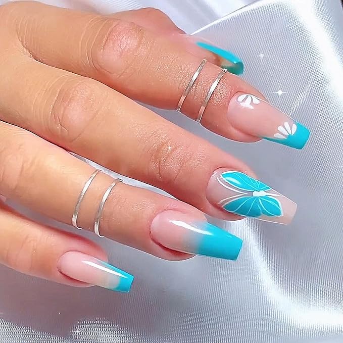 Coffin Press on Nails Medium Blue French Tip Fake Nails with Flower Butterfly Design Gradient Glue on Nails White Full Cover Coffin Nails Press ons Glossy Artificial Stick on Nails for Women 24Pcs