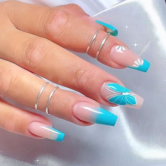 Coffin Press on Nails Medium Blue French Tip Fake Nails with Flower Butterfly Design Gradient Glue on Nails White Full Cover Coffin Nails Press ons Glossy Artificial Stick on Nails for Women 24Pcs