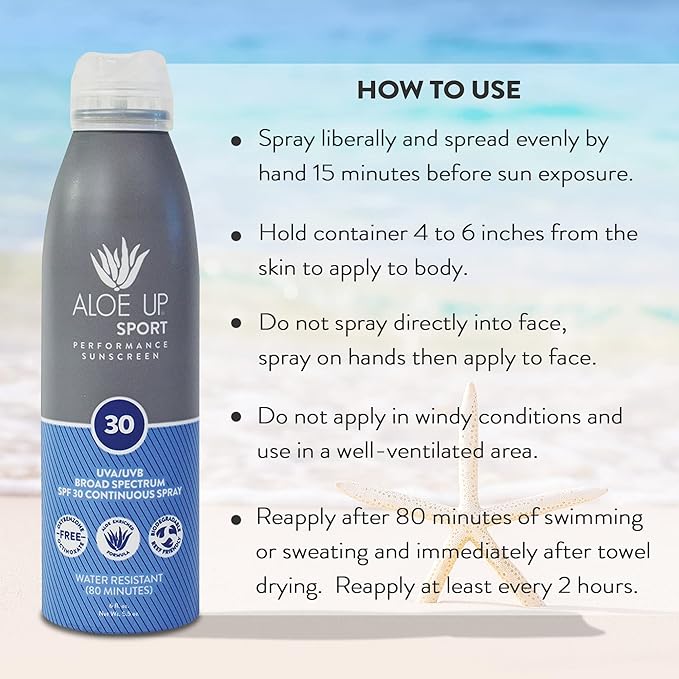 Aloe Up Sport Continuous Spray Sunscreen SPF 30 - Broad Spectrum UVA/UVB Sunscreen Protector for Face and Body - With Aloe Vera Gel - Fast Absorbing Sheer Formula - Reef Safe - Fragrance-Free - 6 Oz