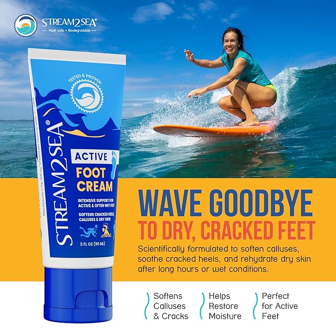 STREAM 2 SEA Active Foot Cream, Intensive Support for Active & Often Wet Feet - Softens Cracked Heels, Calluses & Dry Skin, Enriched with Neem and Tea Tree, Fast-absorbing and Non-greasy - 3 Fl oz