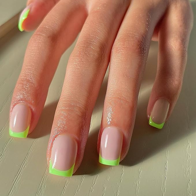 30Pcs Neon Green French Tip Press on Nails Short Square Nails Press ons, Short Fake Nails Coffin Acrylic French Glue on Nail False for Women, Natural15 Sizes