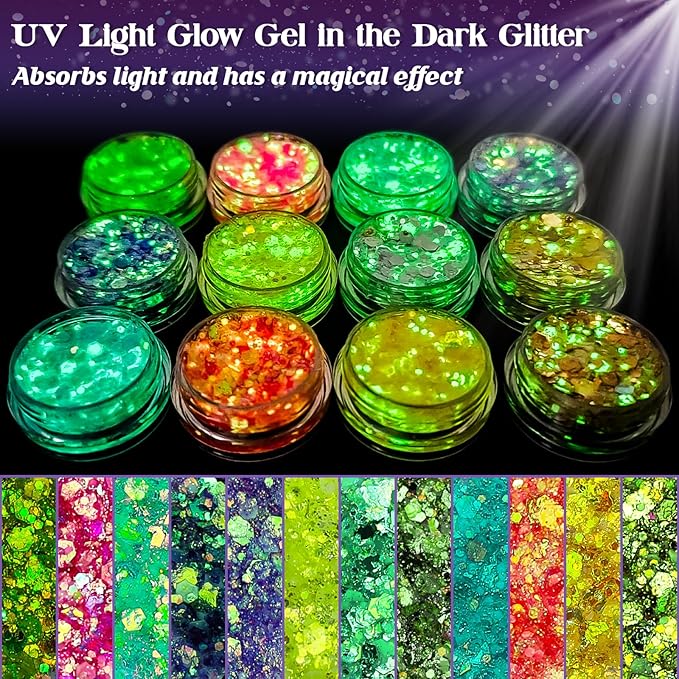 12 Colors Makeup Body Glitter Gel and Face Glitter Gel, Glow in The Dark for Hair and Eyeshadow, UV Black Light for Raves Festivals, Makeup for Women and Kids