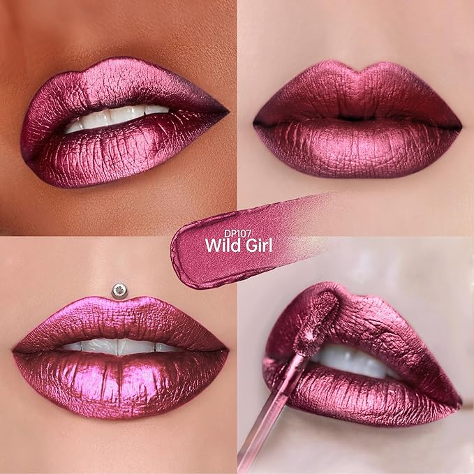 Burgundy Lipsticks for Women Metallic Lipstick Long Lasting Non Stick Cup Lip Gloss, Shimmer Lightweight Hydrating Full Coverage Lip Color, DP107 Wild Girl