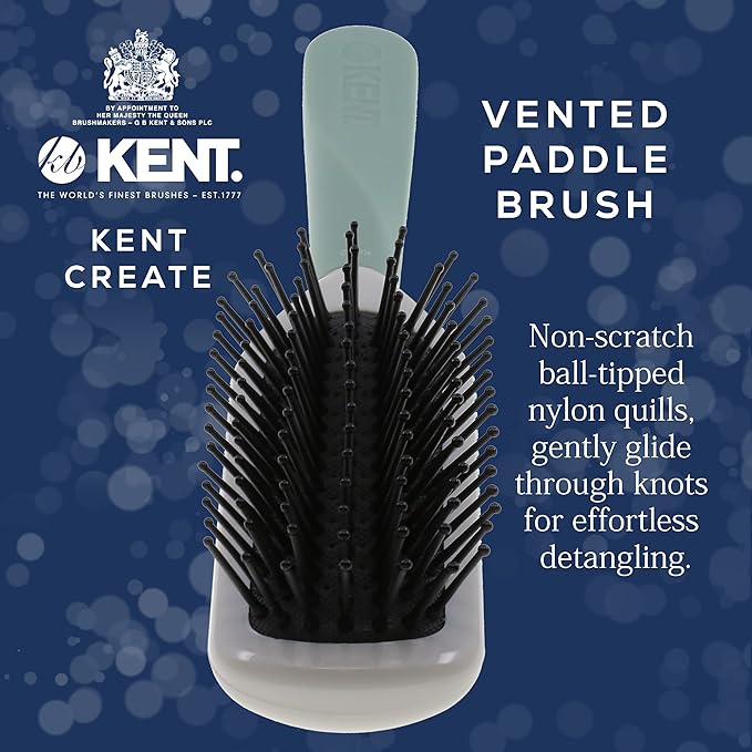 Kent KCR2 "Create" Vented Cushion Paddle Hair Brush for Blowdrying, Root Lift, and Volume in All Hair Types - Vent Brush with Green Ergonomic Handle and Soft Ball Tipped Bristles for Pain Free Use