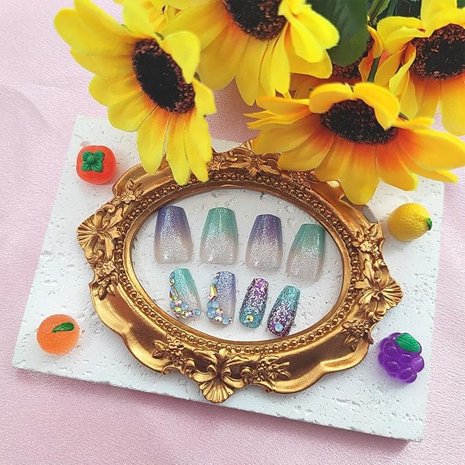 Coffin Press on Nails Short Fake Nails with Glitter Sequins Rhinestones Designs Gradient Nails Press ons Glossy Glue on Nails Blue Acrylic Nails Green False Nails Nude Stick on Nails for Women 24Pcs