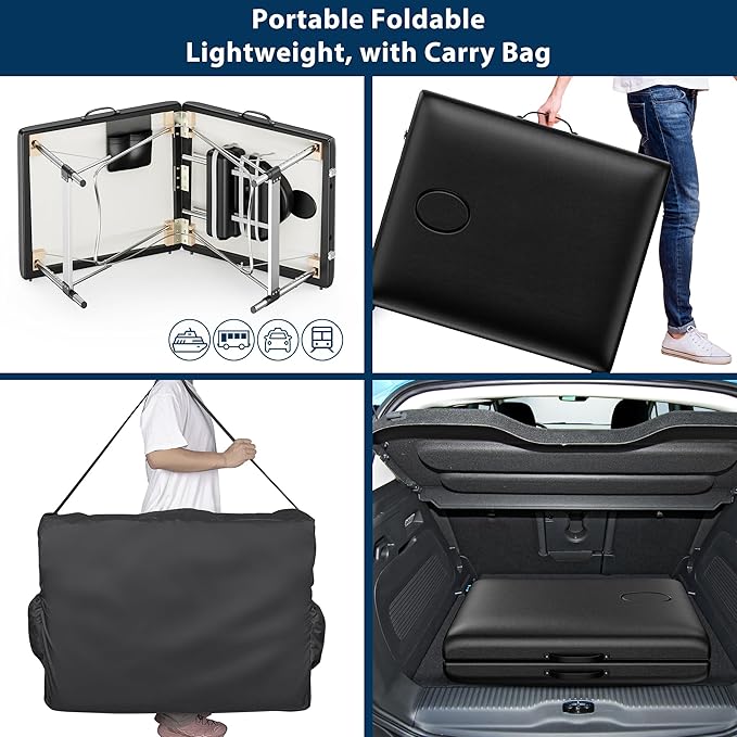 Brelley Massage Table Portable, 2-Fold Lash Bed with Side Pocket, Adjustable Height, Sturdy Aluminum Frame, Esthetician Spa Facial Tattoo Bed with Face Cradle & Carrying Bag, Black