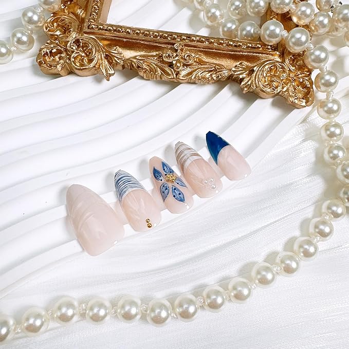 24 Pcs Summer Press on Nails Medium Almond Fake Nails with 3D Blue Flower Gold Beads Designs French Tip False Nails Beach Acrylic Nails Full Cover Stick on Nail for Women Nail Art Decoration