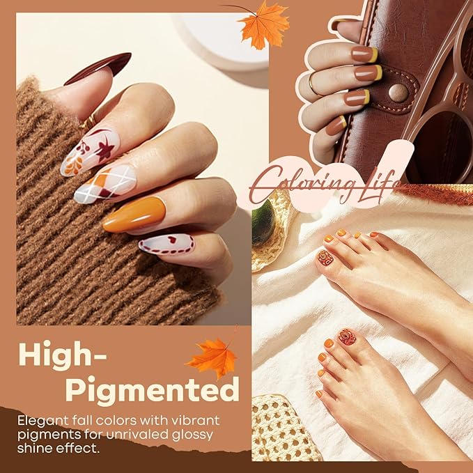 modelones Gel Nail Polish Set, 6 Colors 2025 Fall Winter Thanksgiving Nude Brown Gel Polish Glitter Pearl Cinnamon Tawny Orange Cherry Mocha Nail Polish All Skin Tones Soak OFF LED Nail Art DIY Gift