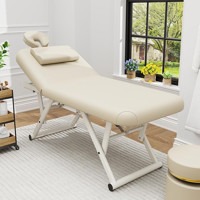 pouseayar Adjustable Massage Table with Face Pillow & Headrest, Sturdy and Solid, Silent and Easy to Adjust - Adjustable Backrest, Beige Gray