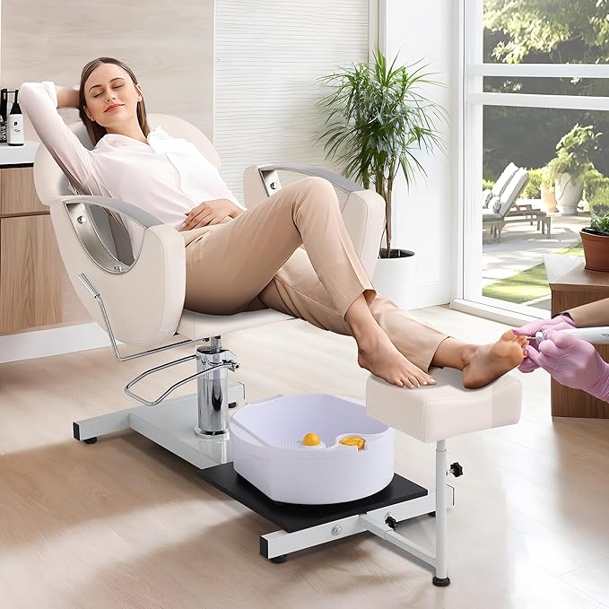 Pedicure Station No Plumbing, Hydraulic Pedicure Chair for Nail Tech, Height Adjustable Reclining Pedicure Station Unit, 360 Degree Swivel Foot Spa Chair with Massage Foot Bath (White)