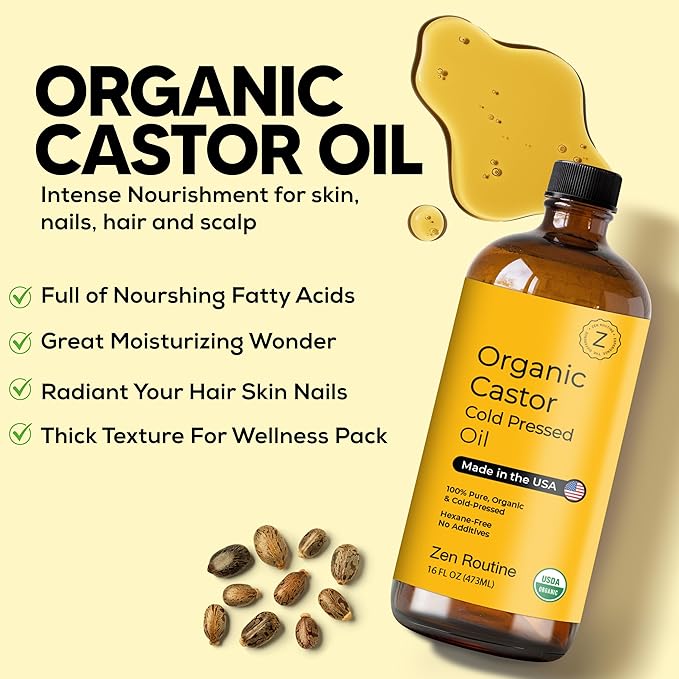 Zen Routine New (Glass Bottle) Organic Castor Oil 16oz – Hexane Free – Hair Growth Oil, Eye Lashes & Stomach, 100% Cold Pressed Unrefined Pure for Castor Pack Wrap – USDA Certified, Made in the USA