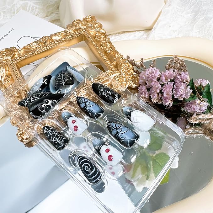 24pcs Halloween Press on Nails Medium Almond Fake Nails with 3D Spider Designs Spider Web False Nails French Tip Acrylic Nail Full Cover Glue on Nails for Women Holiday Nail Decoration