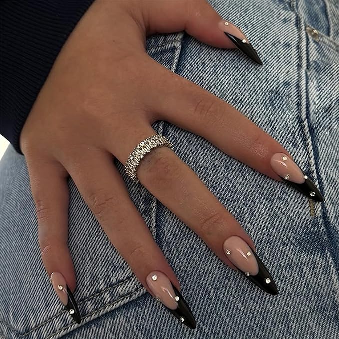 IMRAIN Long Press on Nails Stiletto Fake Nails Black French Tips False Nails with Rhinestone Designs Reusable Acrylic Nude Full Cover Glue on Nails 24Pcs