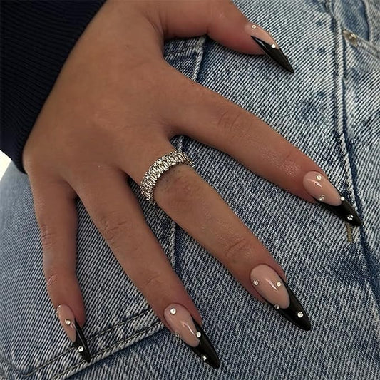 IMRAIN Long Press on Nails Stiletto Fake Nails Black French Tips False Nails with Rhinestone Designs Reusable Acrylic Nude Full Cover Glue on Nails 24Pcs