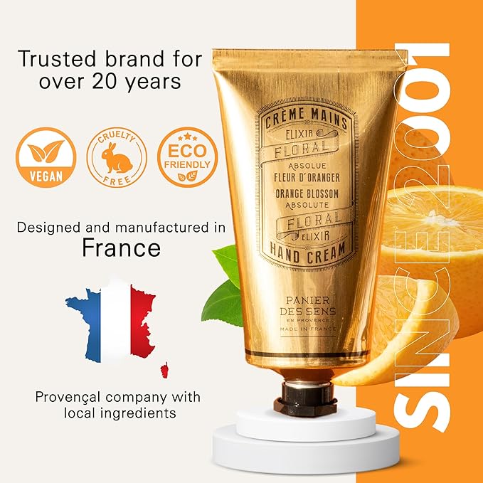 Panier des Sens Orange Blossom Hand Cream with Olive Oil - Nourishing Hand Cream for Dry Cracked Hands 97% Natural Ingredients - Dermatologically Tested Hand Lotion for Woman Made in France, 2.5 fl oz