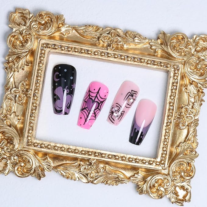 24Pcs Halloween Press on Nails Medium Square French Tip Fake Nails with Pink Pumpkin Ghost Spider Web Bat Design Silver Rhinestone False Nails Full Cover Glue on Nails Gothic Stick on Nail for Women