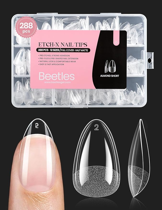 Beetles Gel Nail Tips Etch-X, Almond Short Fake Nails, 288pcs 12 Sizes, Press on Pre-Etched Half Matte Full Cover Acrylic False Nail Tips Almond Shape Nail Supplies Easy DIY Extension Gift for Women