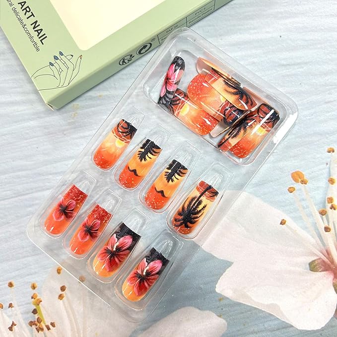 Coconut Tree Flower Press on Nails Long Length Pink Floral Sunset Pattern Design Full Cover Glossy Square Acrylic False Nail Summer Artificial Fingernails 24Pcs Reusable Glue on Nails for Women