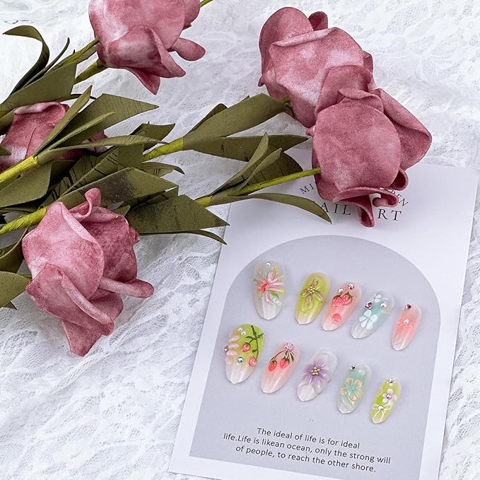 30Pcs 3D Flower Press on Nails Medium Almond Fake Nails with Pearl Rhinestones Designs Fill Cover Glue on Nails Cute Strawberry Acrylic Nails Pink Bow False Nails Star Floral Stick on Nails for Women