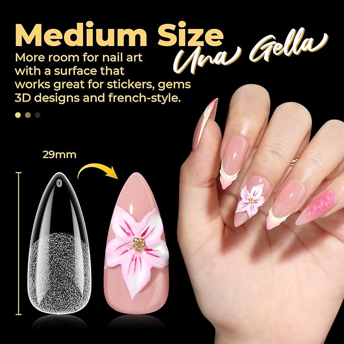 UNA GELLA Medium Stiletto Gel Nail Tips 600Pcs, Medium Stiletto Press on Nails Almond Shape Pre Etched Full Cover Soft Gel Nails Tips for Nail Extensions Christmas Art DIY Salon 12 Sizes at Home