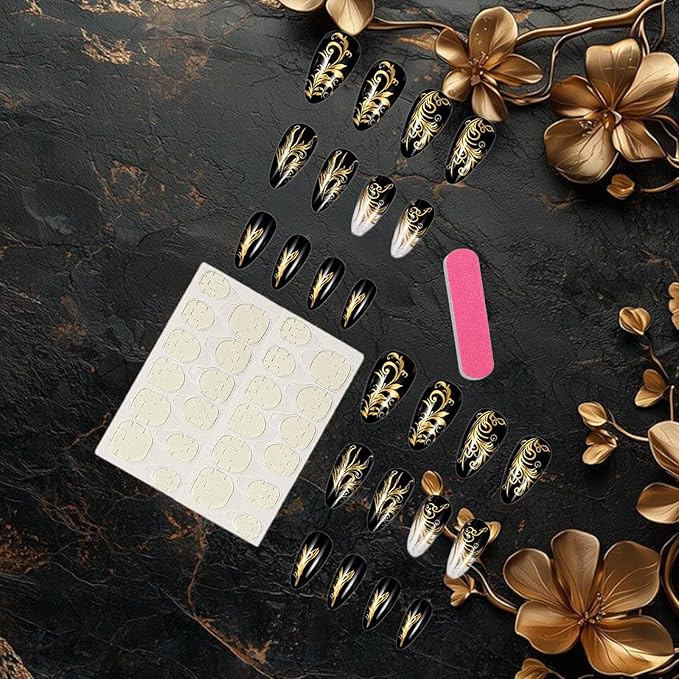 Gold Leaves Press on Nails White French Gel Glue on Fingernails Curve Line Medium Almond False Nail 24Pcs Glossy Silver Glitter Stick on Nail Acrylic Full Cover Fake Nails for Holiday Manicure Art