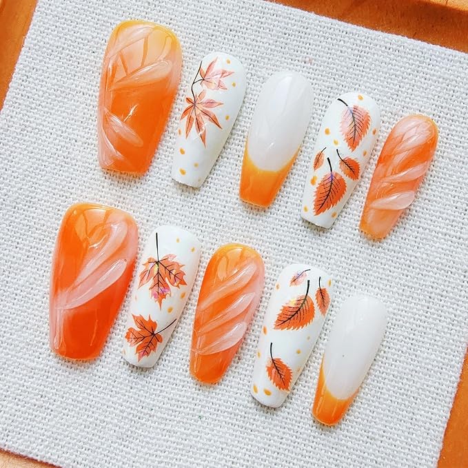30Pcs Fall Press on Nails Medium Coffin Fake Nails with 3D Ripple Design Maple Leaf False Nail Orange French Tip Glue on Nails Thanksgiving Acrylic Nail Full Cover Stick on Nail for Women DIY