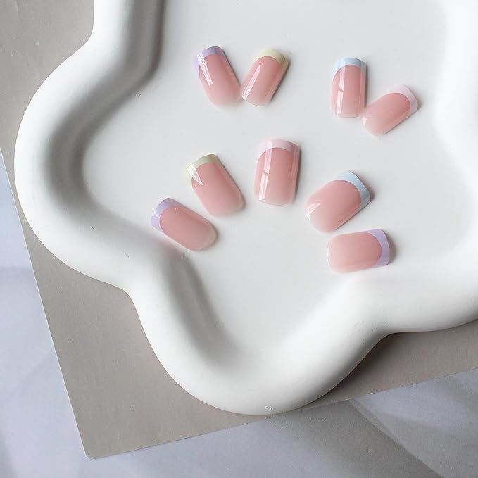 24 Pcs Colorful French Tip Press on Nails Medium Short Square, Acrylic Fake Nails Press ons with Glue, Small Coffin Acrylic Natural Nude Glue on Nails for Women, 15 Sizes