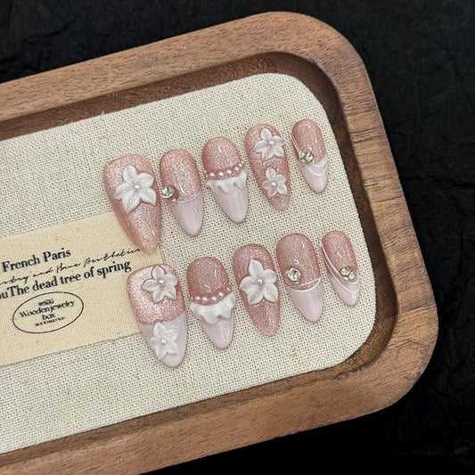 Handmade Press on Nails Almond Medium Fake Nails French Tip with 3D Flower Charm Designs Pink Glitter Cute Acrylic Nails for Women 10pcs (Size M）