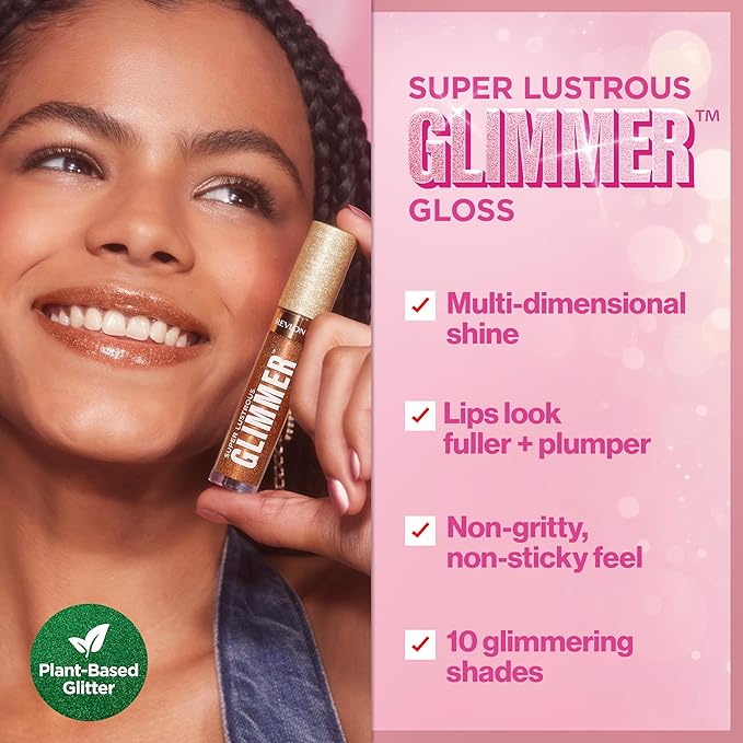 REVLON Super Lustrous Glimmer Gloss, Non-Sticky Lip Gloss, High-Shine Finish, Plant-Based Glitter, 003 Lavender Lust, 0.13 fl oz