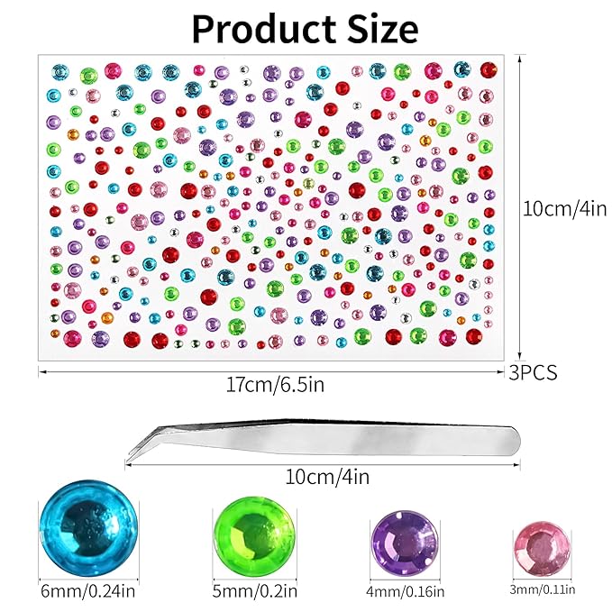 975Pcs Face Gems Hair Gems, Self-Adhesive Face Jewels Eye Jewels Rhinestones 3/4/5/6 mm DIY Face Gems Stick on, Hair Body Rhinestones Gems Crystals Pearls for Face Makeup, Crafts (gem_Color)