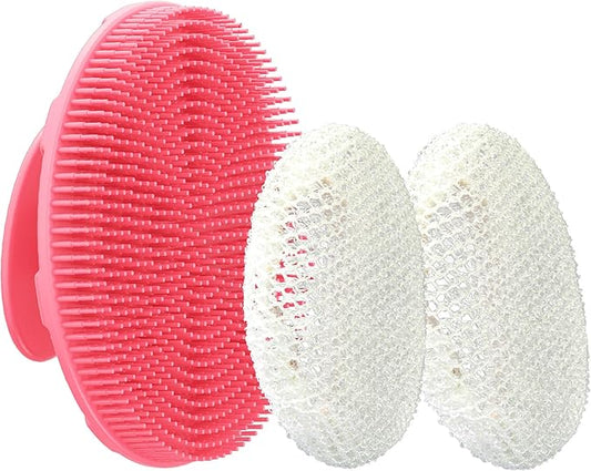 INNERNEED Food-Grade Soft Silicone Body Scrubber Shower Brush Handheld Cleansing Skin Brush, with Exfoliating Net Sponge Case (Pink Brush)