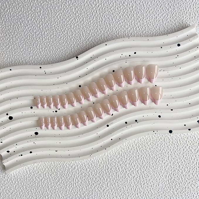 30Pcs Pink French Tip Press on Nails Short Almond Nails Press ons, Short Fake Nails Almond Shaped Acrylic French Glue on Nails False Nail for Women, Natural Stiletto Nail 15 Sizes