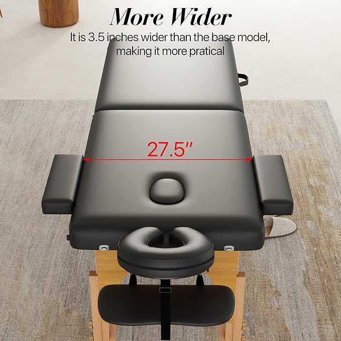 Massage Table Massage Bed, 27'' Wide Portable 2 Section Foldable Tattoo Bed, Height Adjustable Lash Spa Bed with Face Cradle, Home Light Weight Facial Salon Bed with Wood Frame, Black