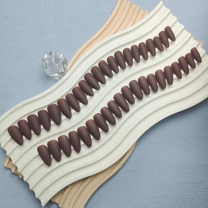 48pcs Matte Brown Press On Nails, Medium Length Almond Shaped, Stiletto False Nails, Dark Medium, Thick Natural Acrylic Gel