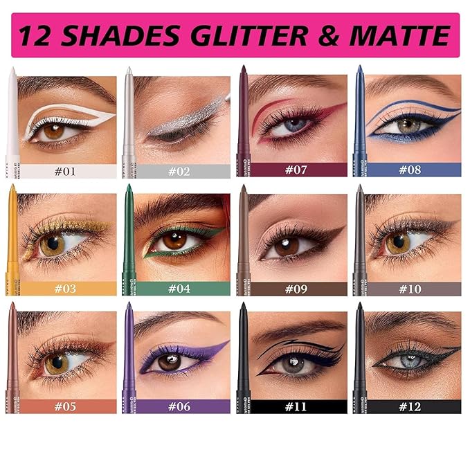 Green Eyeliner Waterproof Green Glitter Eyeliner Pencil Long Lasting Smudge-proof green gel eyeliner for women Hypoallergenic (04#)