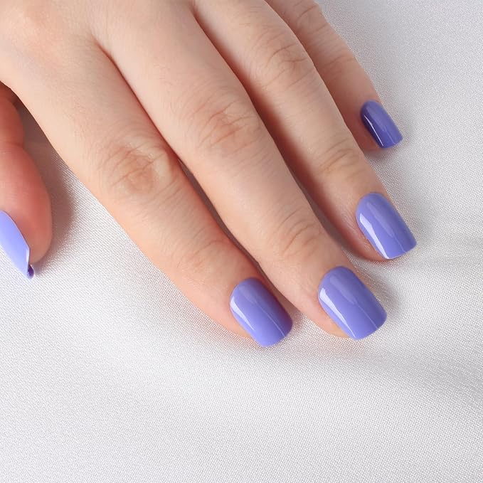 Lavender Blue Press On Nails Short, Glossy Soft Gel Press On Nails Square with Nail Glue, 15 Sizes - 30 Fake Nails Kit, Thick Natural Reusable Glue On Nails for Women, Evening Wisteria