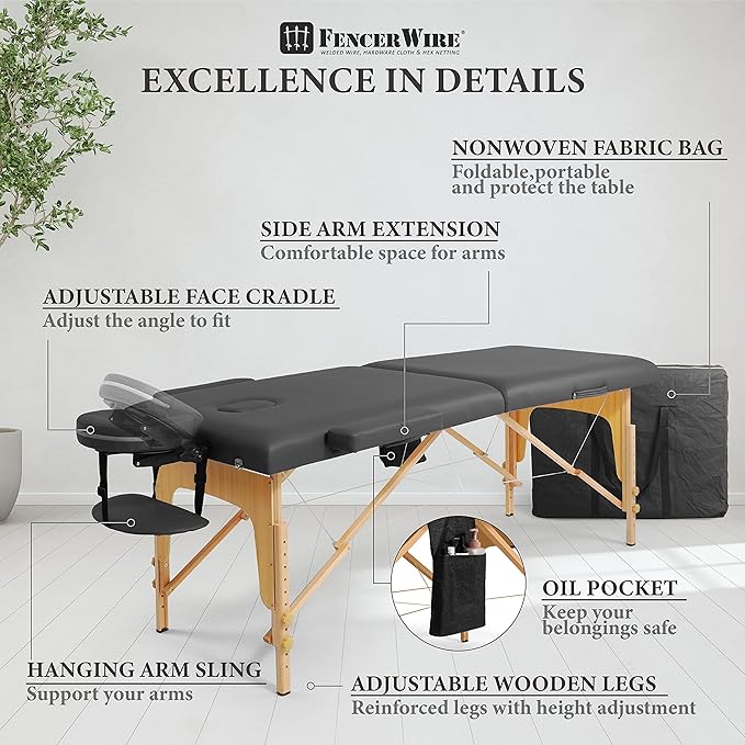 Fencer Wire 84 Inch Premium Memory Foam Massage Table, Foldable Massage Bed, Height Adjustable Spa Bed, Facial Cradle Salon Bed Wooden Legs & Carry Case, Black, 28 Inch Wide