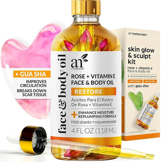 ArtNaturals Face & Body Vitamin E Bio Oil 4.0oz + Gua Sha Facial Tools Set - Organic Moisturizer Skincare for Scars, Stretch Mark, Cellulite & Nails - Great Massage oil for Massaging Joint & Muscle