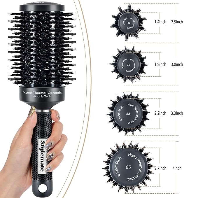 Round Brush, (Barrel 1.7 Inch, 45mm) Nano Thermal Ceramic & Ionic Tech Round Barrel Roller Hair Brush with Boar Bristles for Blow Drying-Black