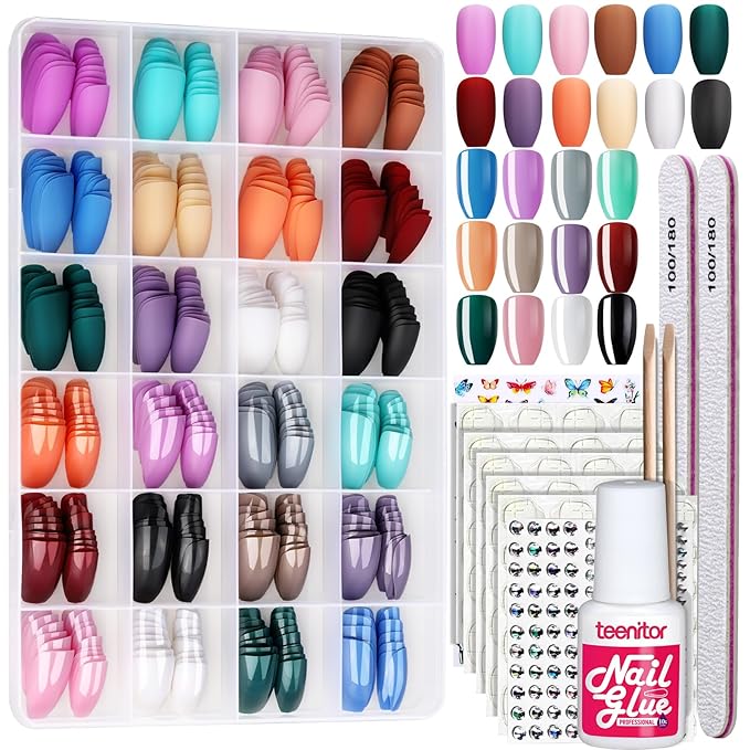 Teenitor 24 Pack 576 PCS Press On Nails Medium Length Coffin Glue On Nails, Coffin Shape Press On Nails Set, 12 Colors Coffin Matte Press On Nails, 12 Colors Glossy Press On Coffin Nail