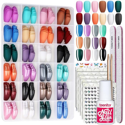 Teenitor 24 Pack 576 PCS Press On Nails Medium Length Coffin Glue On Nails, Coffin Shape Press On Nails Set, 12 Colors Coffin Matte Press On Nails, 12 Colors Glossy Press On Coffin Nail