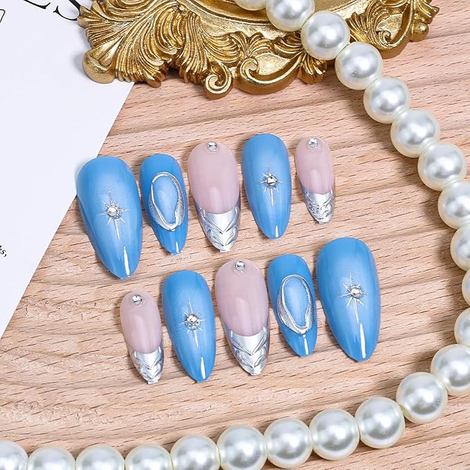 24Pcs Silver French Tip Press on Nails Medium Almond Fake Nails 3D Metallic Design Chrome Glue on Nails Y2k Star Acrylic Nails Gradient Blue Full Cover False Nails for Women Almond Artificial Nails